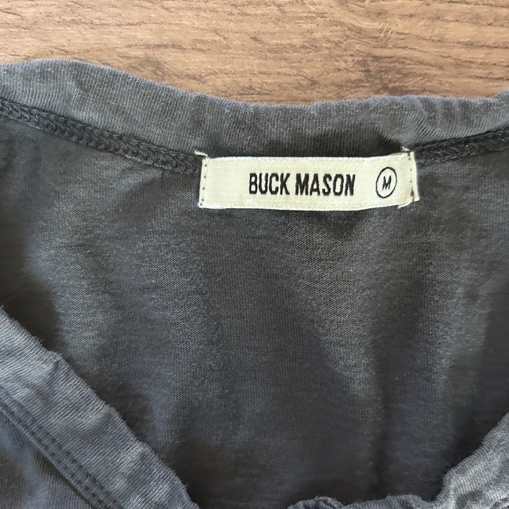 Buck Mason Mens Henley Shirt M Mens Charcoal Cotton Long Sleeve Curved Hem - Picture 2 of 9